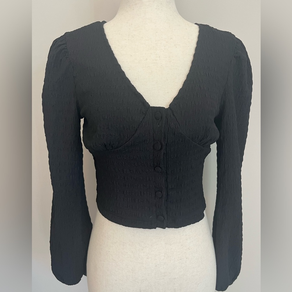 Y2K Black Textured Cropped Long Sleeve Capsule  Top